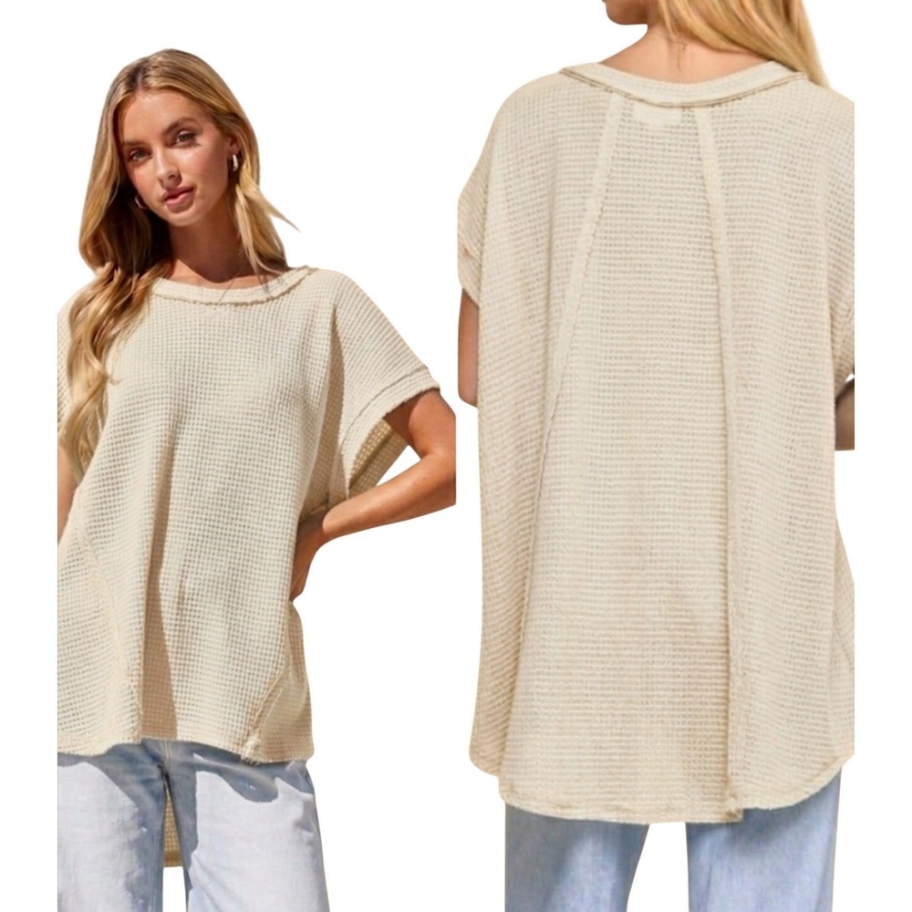 Andree by Unit Oversized Oatmeal Cream Crochet Knit Poncho Top MHS98 M/L